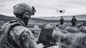 Military personnel on laptop down range